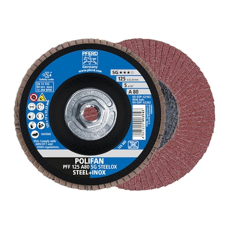 Pferd 5" x 5/8-11 Thd. POLIFAN Flap Disc - A SG STEELOX, Aluminum oxide, 80 Grit, Flat 62262